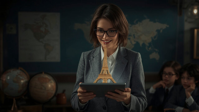 
Teacher using augmented reality in classroom illustrated in isometric style with focus on family and parenting theme. Ideal for marketing, editorial, or educational uses.