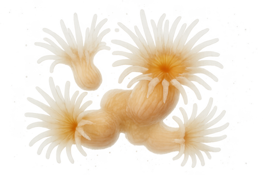 Clump of vibrant sea anemones isolated on a transparent background, colorful marine life