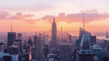 Naklejka premium Urban skyline at sunset illustrated in watercolor aesthetic with focus on startup culture theme. Ideal for marketing, editorial, or educational uses.