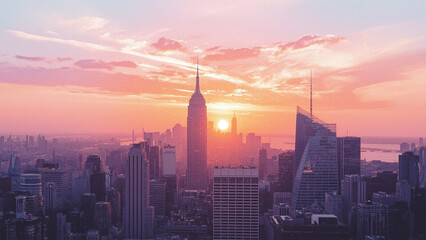 Fototapeta premium Urban skyline at sunset illustrated in watercolor aesthetic with focus on startup culture theme. Ideal for marketing, editorial, or educational uses.
