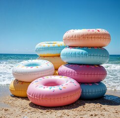 Colorful inflatable donut rings stacked on a sandy beach by the ocean under a clear blue sky. Fun, playful summer scene symbolizing vacation, relaxation, and seaside enjoyment.