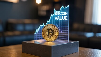 Bitcoin, Bitcoin Cryptocurrency Value Displayed with Rising Chart and Golden Coin