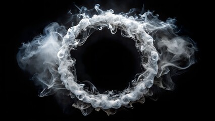 A swirling smoke ring floats against a stark black background