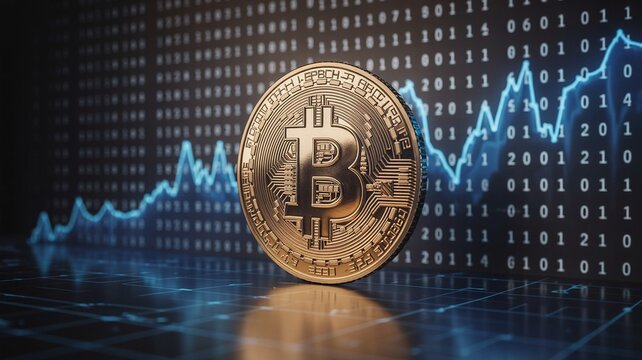 Bitcoin, Bitcoin Cryptocurrency Coin with Binary Code and Stock Market Trend Analysis