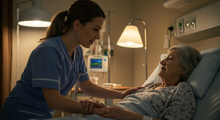 Compassionate Nurse Comforting Elderly Patient in Hospital Room