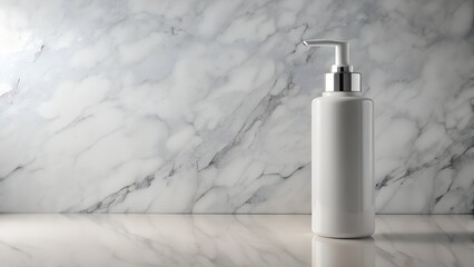 A white cosmetic bottle with a pump stands on a marble surface