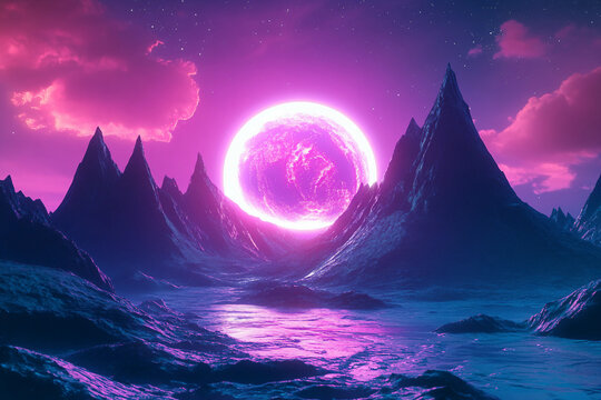 Surreal alien landscape with a glowing pink planet rising over a mysterious extraterrestrial terrain, generative AI - Powered by Adobe