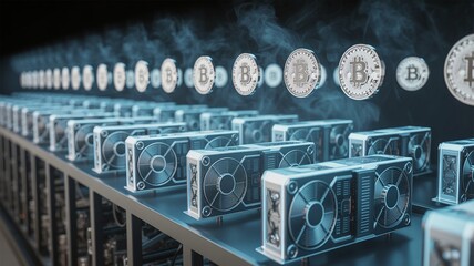 Bitcoin, Bitcoin Mining Farm with Floating Coins and Cooling Fans in Dark Environment