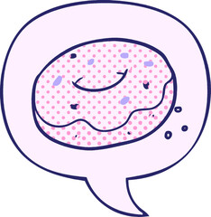 cartoon donut with sprinkles with speech bubble in comic book style in bright neon color