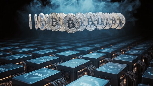 Bitcoin, Bitcoin Coins Hovering Above Mining Rigs with Atmospheric Smoke and Blue Lighting
