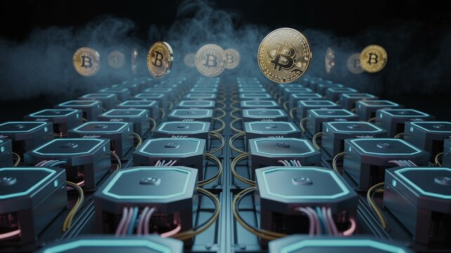 Bitcoin, Futuristic Bitcoin Mining Farm with Floating Cryptocurrencies