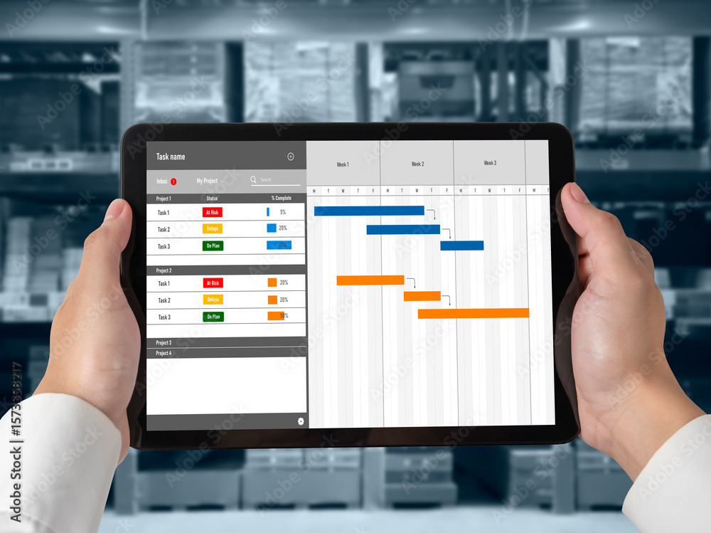 Poster project planning software for modish business project management on the computer screen showing time