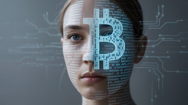 Bitcoin, Bitcoin Blockchain Technology Overlayed on a Woman's Face, Digital Currency Concept - Powered by Adobe