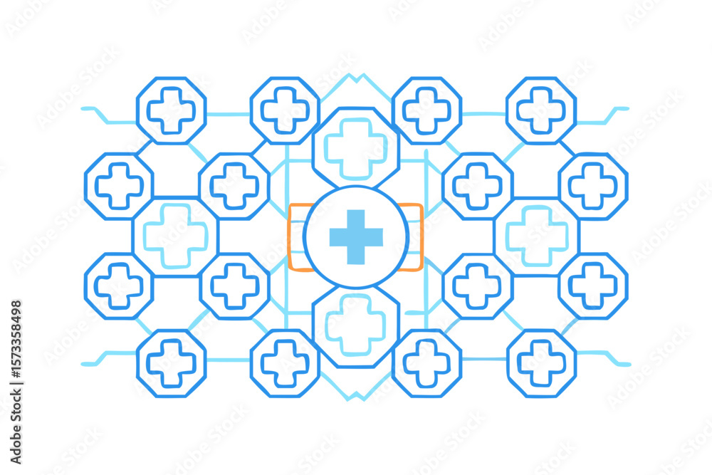 Poster abstract geometric pattern of interconnected blue and light blue crosses on a black background with 