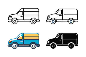Fototapeta premium Four stylized van icons including a colorful blue and yellow delivery van and three silhouette vans