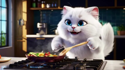 Adorable fluffy white cat cooking vegetable stir fry on stove in modern kitchen setting
