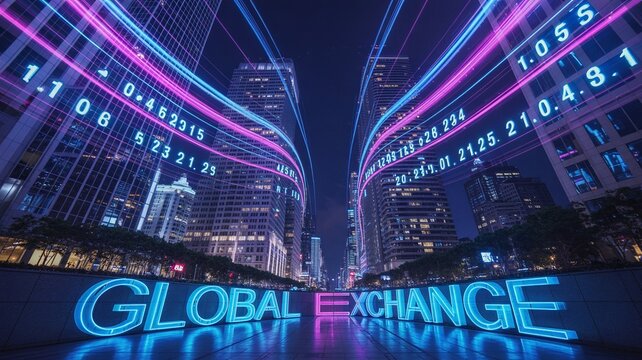 Bitcoin, Illuminated Global Exchange Sign with Digital Data Lines in Cityscape at Night