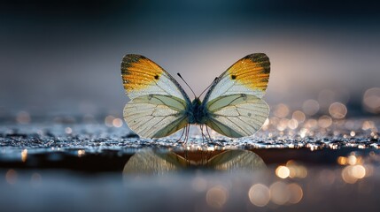 Butterfly with yellow-tipped wings resting on wet, reflective, textured ground