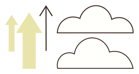 Upward-pointing arrows interact with clouds, symbolizing growth, elevation, and ambition. Ideal for success, innovation, development, progress aspirations cloud technology motivation. A simple