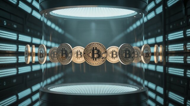 Bitcoin, Bitcoin Cryptocurrencies Displayed in a Futuristic Server Room