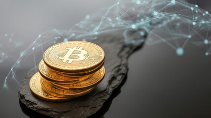 Bitcoin, Stacked Bitcoin Coins on Slate with Digital Network Overlay, Financial Technology Concept