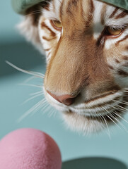 Zoomed-in view of a tiger gazing at a pink basketball, wearing a soft green hat on a pastel backdrop. Minimal fashion portrait blending wildlife and editorial styling.