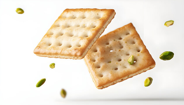 Two delicious crackers with pistachios are isolated. The crackers appear to be suspended in mid-air, creating a dynamic composition