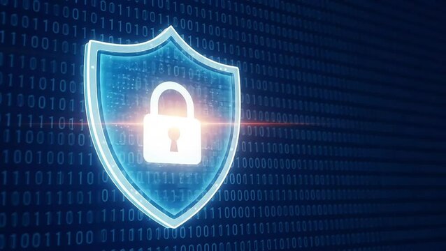 Digital Security Shield and Padlock Protecting Binary Code Stream, Data Privacy and Cyber Security Concept, Animated Technological Background, Digital Information Safety