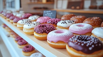 Colorful donuts displayed on tiered shelves.
