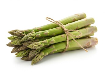 A bundle of fresh green asparagus tied with twine on a plain surface in a studio setting