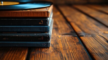 Stacked vintage vinyl records on wooden table