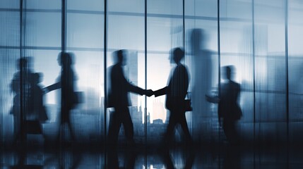 Business agreement concept showing blurred silhouette of business people shaking hands near large window in office building showing blurry cityscape.
