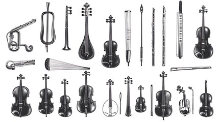 Various stringed and wind musical instruments in vintage style.