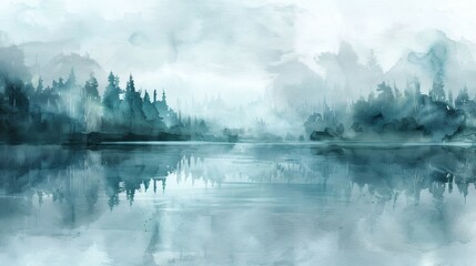 Mist Lake Tranquil Landscape Background with Forest and Reflections