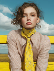Close-up of a young woman wearing a yellow floral tie and checkered shirt, leaning against a matching yellow fence. Bold styling with countryside charm and pop tones.