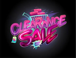 Сlearance sale web banner mockup with glossy pink 3D lettering and a shopping cart