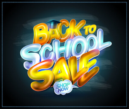 Back to school sale banner design template with 3D bright glossy lettering and blackboard on a backdrop