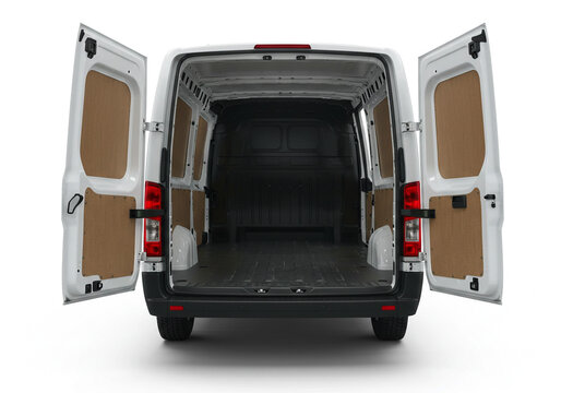 Rear view of white van with open back doors revealing empty cargo space interior on white background