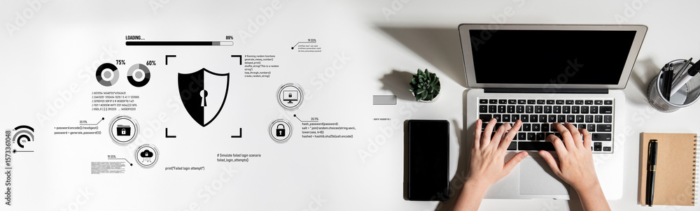 Poster cyber security protects against breaches, hacks, and network attacks using strong infrastructure and