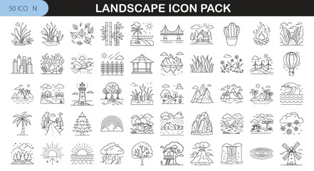 Scenic Nature and Landscape Line Icon Set - Vector pack of 50 landscape-themed line icons featuring trees, mountains, lakes, beaches, and natural scenery elements for design use.
