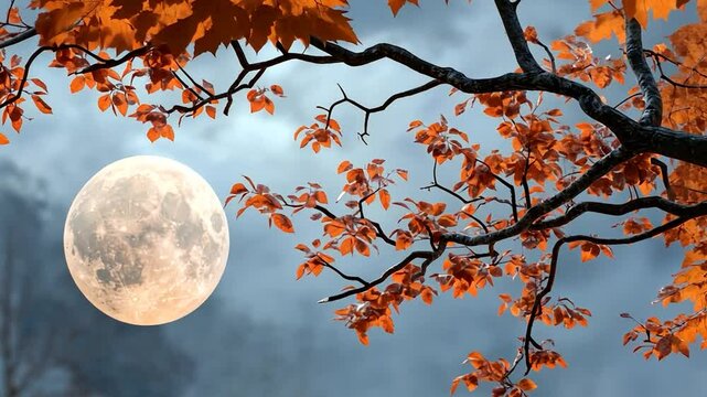 Full moon through branches and autumn leaves in night sky