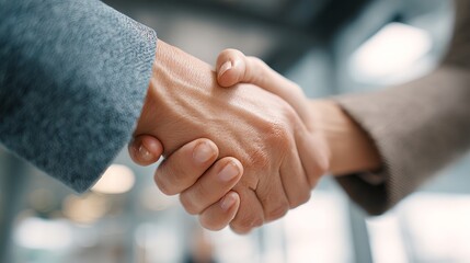 Obraz premium An up-close view showcases a firm handshake symbolizing business agreement and partnership within a modern, blurred corporate environment with success.