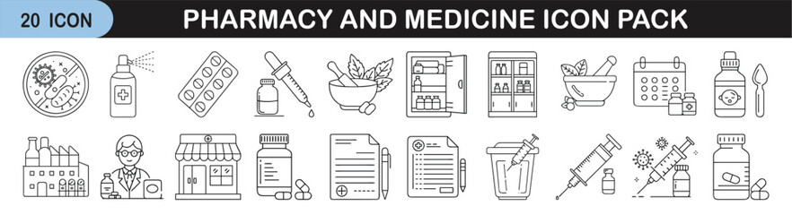 20 Line Icons for Pharmacy and Medicine Use - Collection of 20 outline icons focused on pharmacy, medication, and healthcare tools—perfect for medical apps, websites, and infographics.
