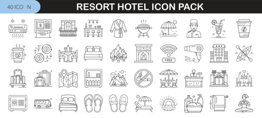 40 Line Icons for Resort and Hotel Services - Thin line icon set of 40 resort and hotel-themed illustrations, featuring amenities, travel, food, and leisure activities.
