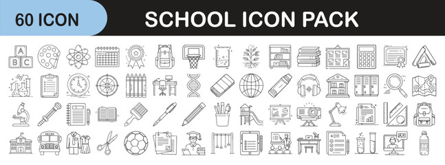 60 Outline School Icons for Education Design - Set of 60 thin line school icons covering learning, classroom, and educational tools. Ideal for web, apps, and presentations.