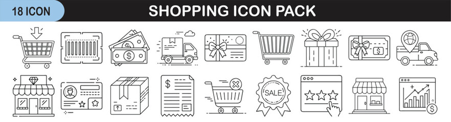 Shopping and E-commerce Icon Line Pack - Outlined icons representing shopping, delivery, payment, retail, and online commerce, ideal for illustrating e-commerce and business services.
