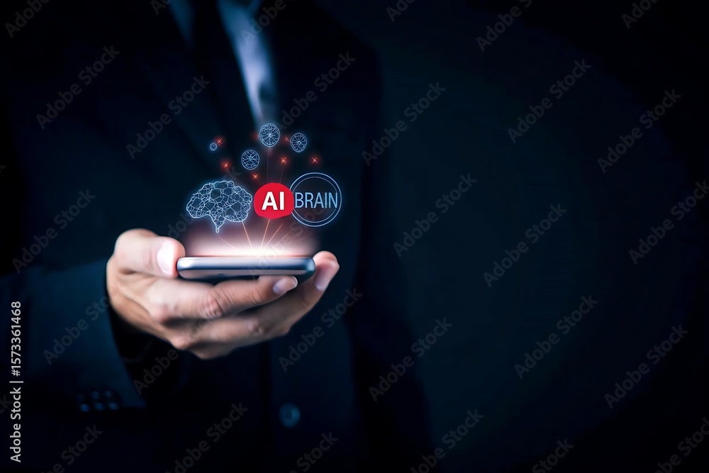 Poster business man using digital chatbot artificial intelligence (ai) with hacking and warning alert. cybe