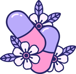 iconic tattoo style image of pills and flowers in bright neon color