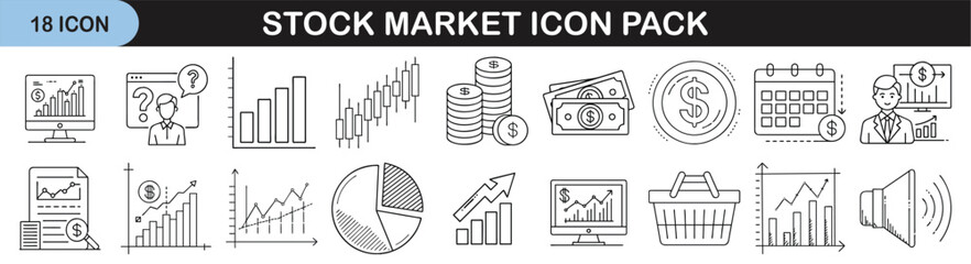 Outline icon set for stock market and financial trading - Linear icons representing stock trading and financial market concepts such as charts, indices, investments, alerts, profits, portfolios