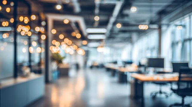 Modern office space blurred background featuring desks, chairs, and ceiling lights for a dreamy look with bokeh.
